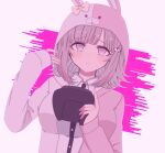  1girl black_shirt blush bow breasts chi_gu cosplay danganronpa_(series) danganronpa_2:_goodbye_despair dress_shirt ear_bow frown galaga grey_shirt handheld_game_console highres holding holding_handheld_game_console hood hood_up jacket large_breasts long_sleeves medium_hair monomi_(danganronpa) monomi_(danganronpa)_(cosplay) nanami_chiaki open_clothes open_jacket pink_background pink_eyes shirt simple_background sleeves_past_wrists solo tearing_up upper_body 