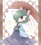  artist_name blush bob_cut bow checkered_background cherry_blossom_print colored_skin egasumi floral_print gardevoir green_skirt hair_bow hair_over_one_eye holding holding_umbrella japanese_clothes looking_at_viewer oil-paper_umbrella pink_eyes pokemon red_bow skirt smile umbrella white_skin yuki_min_30 