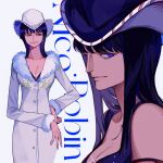  1girl armlet black_hair blue_eyes blunt_bangs character_name close-up coat commentary cowboy_shot facing_viewer fur_collar hair_over_shoulder hand_on_own_hip hat highres light_smile long_coat looking_to_the_side medium_hair multiple_views nico_robin one_piece profile purple_headwear shirt sleeveless sleeveless_shirt smile symbol-only_commentary white_background white_coat white_headwear zhoujo51 