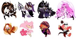  1other 3girls 4boys :d absurdres affogato_cookie androgynous angel_wings barefoot belt belt_pouch black_footwear black_gloves black_hair black_hat black_pants black_shirt blush_stickers bow_(weapon) bracelet braid brown_cape brown_eyes brown_hair brown_kimono cape caramel_arrow_cookie card cherry_blossom_cookie chibi chibi_only chinese_commentary cinnamon_cookie cinnamon_cookie_(fortuneteller_apprentice) closed_mouth colored_skin commentary_request cookie_run crown dark-skinned_female dark-skinned_male dark_cacao_cookie dark_skin demon_tail demon_wings dress earrings eternal_sugar_cookie eyeshadow fang feathered_wings flower_umbrella food-themed_clothes frilled_dress frills full_body fur-trimmed_cape fur_trim geruideyundongxie gloves gradient_hair grapefruit_cookie grapefruit_cookie_(scary_skull) hair_between_eyes halo hat helmet highres holding holding_bow_(weapon) holding_card holding_instrument holding_staff holding_sword holding_umbrella holding_weapon hood hood_up hoop_earrings instrument japanese_clothes jewelry kimono long_hair long_sleeves lyre makeup mini_hat mini_top_hat multicolored_clothes multicolored_hair multicolored_kimono multicolored_wings multiple_boys multiple_girls multiple_wings o3o official_alternate_costume official_style one_eye_closed open_mouth orange_hair pancake_cookie pancake_print pants parasol pink_dress pink_eyes pink_hair pink_skin pink_wings pointy_ears ponytail pouch puffy_long_sleeves puffy_sleeves purple_cape purple_eyeshadow purple_footwear purple_kimono purple_scarf purple_tail purple_wings ringlets robe roller_skates scarf shirt shoes short_hair sidelocks simple_background skates skin_fang slit_pupils smile staff streaked_hair striped_clothes striped_pants sword tail tarot tarot_card top_hat two-tone_hair umbrella vertical-striped_clothes vertical-striped_pants very_long_hair violet_eyes weapon white_background white_dress white_footwear white_hair white_halo white_helmet white_kimono white_wings wings 