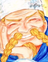  1boy ^_^ blonde_hair blue_neckerchief braided_mustache chef_hat close-up closed_eyes commentary_request facial_hair goatee hat head_rest male_focus mustache neckerchief one_piece red-leg_zeff sj0302 solo twitter_username 