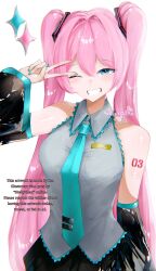  1girl absurdres blue_eyes cosplay detached_sleeves grin hatsune_miku hatsune_miku_(cosplay) highres light_blush long_hair megurine_luka number_tattoo one_eye_closed pink_hair simple_background skellychan skirt smile tattoo twintails v vocaloid white_background 