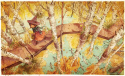  1girl aqua_scarf artist_name autumn autumn_leaves basket birch_tree bird black_jacket blue_sky boardwalk boots brown_footwear brown_hair commentary english_commentary falling_leaves from_above full_body goose hat hat_feather hat_ribbon holding holding_basket jacket leaf looking_at_viewer medium_hair mushroom nature original outdoors pink_skirt reflection reflective_water ribbon sarah_webb scarf scenery skirt sky smile solo too_many too_many_birds tree walking water web_address wetland witch_hat 