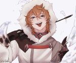  1boy artist_name blue_eyes fangs fur-trimmed_hood fur_trim genshin_impact highres hood hood_up hooded_jacket jacket male_focus orange_hair redhead sevkyi simple_background solo tartaglia_(genshin_impact) teeth tongue tongue_out upper_body white_background white_jacket 