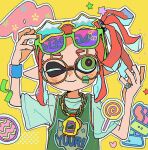  1girl arms_up candy chain_necklace closed_mouth commentary_request egg eyewear_on_head facial_mark food glasses green-framed_eyewear green_eyes inkling inkling_girl inkling_player_character jersey jewelry lollipop medium_hair miko_(15476997) necklace one_eye_closed orange-framed_eyewear orange_hair pointy_ears print_shirt round_eyewear shirt simple_background smile solo splatoon_(series) star-shaped_eyewear star_(symbol) star_facial_mark tentacle_hair thick_eyebrows upper_body yellow-framed_eyewear yellow_background 