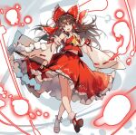  1girl asakura_maru brown_eyes brown_hair detached_sleeves gohei hakurei_reimu holding holding_gohei jacket long_skirt looking_at_viewer nontraditional_miko red_jacket red_skirt skirt smile solo touhou walking white_sleeves 