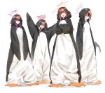  4girls absurdres animal_costume arms_up aru_(blue_archive) black_hair blue_archive blush closed_eyes grey_hair grey_halo hair_between_eyes halo haruka_(blue_archive) highres kayoko_(blue_archive) long_hair looking_at_viewer multicolored_hair multiple_girls mutsuki_(blue_archive) open_mouth penguin_costume pink_hair pink_halo problem_solver_68_(blue_archive) purple_hair purple_halo red_halo simple_background sstthei violet_eyes white_background white_hair yellow_eyes 