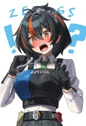  1girl @_@ absurdres black_gloves black_hair blush breasts bulletproof_vest checkered_necktie cuffs gloves green_tea_(matchaistasty) handcuffs hands_up highres holding holding_handcuffs large_breasts metal_hairband necktie open_mouth ponytail red_eyes red_hair shirt simple_background solo sweatdrop upper_body white_background white_shirt zenless_zone_zero zhu_yuan 
