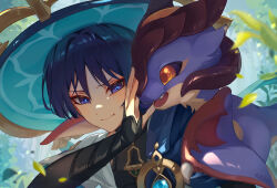  1boy anemo_symbol_(genshin_impact) aqua_sleeves armor artist_name black_bodysuit black_eyes black_hair blue_cape blue_hat blunt_ends bodysuit bridal_gauntlets bright_pupils canopy_(forest) cape cheek_bulge closed_mouth dragon_on_shoulder eyeliner eyeshadow falling_leaves genshin_impact gold hair_intakes hand_on_another's_face hat highres japanese_armor japanese_clothes jingasa kimono kote kotokate kurokote layered_sleeves leaf looking_at_another makeup male_focus mini_dragon mini_durin_(genshin_impact) open_clothes open_hand open_kimono plant red_eyeliner red_eyeshadow scaramouche_(genshin_impact) short_sleeves shoulder_peek upper_body vision_(genshin_impact) wanderer_(genshin_impact) white_kimono white_pupils white_sleeves 