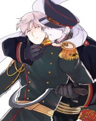  2boys absurdres axis_powers_hetalia belt black_gloves black_hat black_jacket buttons commentary_request cowboy_shot epaulettes gloves goro_nyanko green_jacket grey_hair hat hat_ornament highres holding_sickle jacket long_sleeves looking_at_another male_focus military_hat military_jacket military_uniform multiple_boys nervous prussia_(hetalia) red_eyes russia_(hetalia) scarf short_hair sickle simple_background smile standing star_(symbol) star_hat_ornament sweat teeth violet_eyes white_background white_scarf yellow_belt 