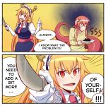  2girls blonde_hair commentary crossover dot_nose dragon_girl dragon_horns elbow_gloves english_commentary english_text food gloves gradient_hair hair_ornament hairclip holding holding_knife holding_plate horns knife kobayashi-san_chi_no_maidragon lamia long_hair long_sleeves maid maid_headdress miia_(monster_musume) monmusu monster monster_girl multicolored_hair multiple_girls necktie orange_eyes plate pointing_weapon pointy_ears puffy_short_sleeves puffy_sleeves purple_hair red_necktie redhead shirt short_sleeves silent-shanin snake_tail speech_bubble sweater tail tohru_(maidragon) very_long_hair white_gloves white_shirt wide_oval_eyes yellow_background yellow_sweater 