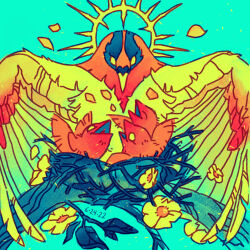  animal animal_focus bird bird_nest blank_eyes blue_feathers branch chick closed_mouth color_variation colorful commentary dated english_commentary feathers film_grain flower glowing glowing_eyes green_background green_feathers green_theme halo jake_romano light_particles looking_at_another looking_at_viewer looking_up neon_palette nest no_humans no_pupils on_branch open_mouth orange_feathers orange_petals original parent_and_child petals simple_background spiked_halo wings yellow_eyes yellow_feathers yellow_flower yellow_halo yellow_petals 