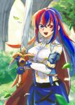  1girl :d alear_(female)_(fire_emblem) alear_(fire_emblem) blue_eyes blue_gloves blue_hair blue_skirt bow cape crossed_bangs falling_leaves fire_emblem fire_emblem_engage gloves hair_between_eyes heterochromia highres holding holding_sword holding_weapon leaf liberation_(fire_emblem) long_hair long_sleeves multicolored_hair open_mouth red_eyes redhead shirt skirt smile solo sword teeth tenkuu_(tenn-kuu) two-tone_hair upper_teeth_only very_long_hair weapon white_bow white_shirt 