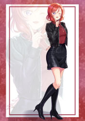  1girl ;d absurdres arm_behind_back black_footwear black_jacket black_skirt blush boots border breasts commentary_request commission full_body hand_up high_heel_boots high_heels highres index_finger_raised iroenpitsu_xxx jacket jewelry knee_boots leather leather_jacket looking_at_viewer love_live! love_live!_school_idol_project medium_breasts medium_hair miniskirt necklace nishikino_maki one_eye_closed open_clothes open_jacket open_mouth outside_border pencil_skirt red_border red_hair red_shirt red_sweater shirt skeb_commission skirt smile solo sweater swept_bangs turtleneck turtleneck_sweater violet_eyes white_background zoom_layer 