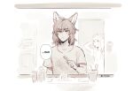  2girls animal_ears artist_name bathroom d.va_(overwatch) english_text fox_ears kiriko_(overwatch) maiqo mirror monochrome multiple_girls overwatch overwatch_2 sleepy speech_bubble toothbrush watermark 