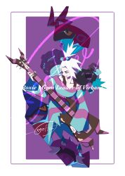  1girl :d absurdres bass_guitar border cccacademia character_name collarbone commentary_request drapion dress garbodor green_eyes hair_ornament highres holding holding_instrument instrument looking_to_the_side open_mouth pokemon pokemon_(creature) pokemon_bw2 purple_background roxie_(pokemon) scolipede signature smile striped_clothes striped_dress teeth topknot toxicroak weezing white_border white_hair 