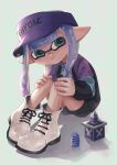  1girl absurdres blue_hair boots closed_mouth commentary_request cross-laced_footwear gradient_hair green_eyes highres inkling inkling_girl inkling_player_character koyomi_yamai long_hair multicolored_hair pointy_ears purple_hair purple_headwear simple_background sitting smile solo splatoon_(series) splatoon_3 tentacle_hair tower two-tone_hair visor_cap white_footwear 