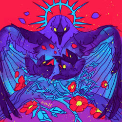  animal animal_focus bird bird_nest blank_eyes blue_feathers blue_halo branch chick closed_mouth color_variation colorful commentary dated english_commentary feathers film_grain flower glowing glowing_eyes halo jake_romano light_particles looking_at_another looking_at_viewer looking_up neon_palette nest no_humans no_pupils on_branch open_mouth original parent_and_child petals purple_feathers purple_petals red_background red_flower red_petals simple_background spiked_halo wings yellow_eyes 