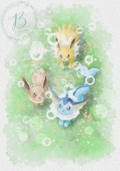  baya_(sakura_mint) black_eyes blue_eyes blush brown_eyes bubble commentary_request eevee grass highres jolteon looking_up no_humans open_mouth pokemon pokemon_(creature) smile vaporeon 