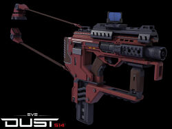  3d black_background commentary copyright_logo copyright_name dust_514 eve_online flewda from_side gun highres logo minmatar_republic_(eve_online) no_humans realistic science_fiction simple_background submachine_gun weapon weapon_focus 