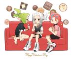  3boys :p ^_^ barefoot black_shorts box box_of_chocolates chocolate clenched_hand closed_eyes commentary_request couch fang green_hair grey_hair happy_valentine high_tops highres holding holding_box inkling inkling_boy inkling_player_character male_focus medium_hair mohawk multiple_boys octoling octoling_boy octoling_player_character on_couch open_mouth red_footwear redhead shoes short_hair short_ponytail shorts simple_background sitting smile sneakers sparkle splatoon_(series) tentacle_hair thick_eyebrows tongue tongue_out two-tone_footwear vege_cai white_background white_footwear yellow_eyes 