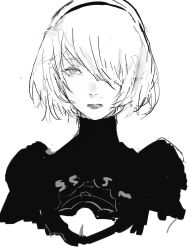  1girl 2b_(nier:automata) black_dress black_hairband breasts cleavage_cutout clothing_cutout covered_eyes dress hair_over_one_eye hairband highres juliet_sleeves long_sleeves mole mole_under_mouth nier:automata nier_(series) no_blindfold puffy_sleeves short_hair solo taki_(a313131333) white_background white_hair 