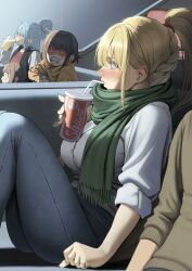  4girls alternate_costume aqua_(konosuba) arm_support blonde_hair blue_eyes blue_hair blue_nails blue_pants blue_shirt blunt_bangs blush braid breasts brown_sweater bucket clenched_teeth closed_eyes cup darkness_(konosuba) disposable_cup dress_shirt drinking drinking_straw earrings eating food from_side green_scarf hair_bun high_ponytail highres indoors izawa_(bhive003) jacket jewelry komekko kono_subarashii_sekai_ni_shukufuku_wo! large_breasts legs_up letterman_jacket long_hair megumin movie_theater multiple_girls open_clothes open_jacket open_mouth out_of_frame pants popcorn red_shirt ring scarf shirt short_hair sidelocks sitting sweater teeth theater theater_seating watching 