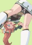  1girl ;d absurdres aqua_eyes bent_over bike_shorts black_shorts blush dress fang gloves green_background green_gloves hat hat_feather highres kneepits legs_apart long_hair maplestory marksman_(maplestory) one_eye_closed open_mouth orange_hair rune_(dualhart) short_sleeves shorts simple_background smile solo standing v white_footwear winged_hat 
