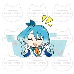  1girl blue_hair blush chibi closed_eyes holographic_interface long_hair mamemamesima mega_man_(series) mega_man_x_(series) mega_man_x_dive rico_(mega_man) side_ponytail simple_background solo watermark white_background 