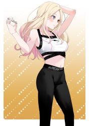  belly blonde_hair blue_eyes forehead gakuen_idolmaster idolmaster juo_sena multicolored_hair ringo_no_tart sports_bra sports_panties streaked_hair two-tone_hair white_sports_bra 