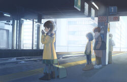  2boys 2girls absurdres bag black_hair bloom boots breathing_on_hands bright_pupils building gloves green_eyes highres jacket leggings multiple_boys multiple_girls open_mouth original pandamaaaan pants railroad_tracks scarf skirt standing tactile_paving train_station_platform warming_hands white_pupils winter winter_clothes 