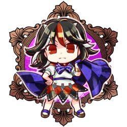  1girl bangle black_hair black_skirt bow bowtie bracelet breasts cape checkered_cape checkered_clothes chibi chibi_only closed_mouth commentary_request horns jewelry kijin_seija looking_at_viewer medium_breasts multicolored_clothes multicolored_hair multicolored_skirt purple_bow purple_bowtie purple_cape red_eyes red_hair red_skirt shirt skirt socha solo touhou transparent_background v-shaped_eyebrows white_hair white_shirt white_skirt 