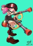  1boy aqua_background black_leggings commentary_request cross-laced_footwear dated douser_dualies_(splatoon) dual_wielding full_body goggles goggles_on_head grey_eyes gun highres holding holding_gun holding_weapon inkling inkling_boy inkling_player_character leggings looking_at_viewer male_focus open_mouth pink_hair pointy_ears red_footwear shoes short_hair simple_background ski_goggles smile solo splatoon_(series) splatoon_3 standing teeth tentacle_hair thick_eyebrows weapon xdies_ds 