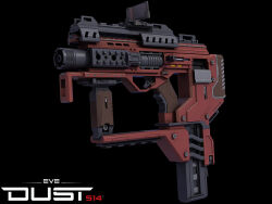  3d black_background commentary copyright_logo copyright_name dust_514 eve_online flewda from_side gun highres logo no_humans realistic science_fiction simple_background submachine_gun weapon weapon_focus 