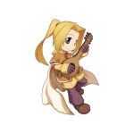  1boy bard_(ragnarok_online) belt blonde_hair blue_eyes brown_cape brown_footwear brown_gloves brown_pants brown_shirt cape chibi closed_mouth full_body gloves high_ponytail holding holding_instrument instrument layered_sleeves long_hair long_sleeves looking_at_viewer lute_(instrument) male_focus official_art pants pants_under_shorts parted_bangs ponytail ragnarok_online shirt shoes short_over_long_sleeves short_sleeves shorts simple_background smile solo standing tachi-e transparent_background white_cape yuichirou 