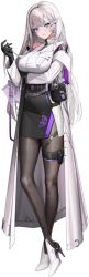  1girl ankle_boots arm_under_breasts artist_request bare_shoulders belt belt_pouch black_gloves blue_eyes boots breasts cecil_(nikke) closed_mouth coat commentary_request earpiece full_body gloves goddess_of_victory:_nikke high_heel_boots high_heels holographic_touchscreen large_breasts long_hair looking_at_viewer official_art pantyhose pouch solo standing standing_on_one_leg thigh_pouch thigh_strap third-party_source transparent_background white_coat white_hair 