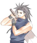  1boy alternate_costume arm_up bad_id black_eyes black_gloves black_hair black_wristband blue_shirt buster_sword final_fantasy final_fantasy_vii fingerless_gloves gloves grin hands_up happy looking_to_the_side lowres male_focus medium_hair muscular muscular_male rendezvous shirt simple_background single_fingerless_glove sleeveless sleeveless_shirt sleeveless_turtleneck smile solo spiky_hair sword sword_on_back turtleneck turtleneck_shirt upper_body weapon weapon_on_back white_background zack_fair 