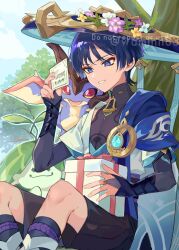  1boy against_tree anemo_symbol_(genshin_impact) aranara_(genshin_impact) armor black_bodysuit black_bridal_gauntlets black_leggings black_shorts blue_cape blue_flower blue_gemstone blue_hat blue_kimono blue_sleeves blunt_ends bodysuit box bridal_gauntlets cape character_name covered_collarbone eyeliner eyeshadow fingernails floral_print flower flower_wreath gem genshin_impact gift gift_box gold gold_ring hakama hakama_shorts han'eri hand_up happy_birthday hat highres holding holding_gift japanese_armor japanese_clothes jingasa kimono kote kurokote layered_kimono layered_sleeves leaf leg_warmers leggings looking_at_card makeup male_focus mandarin_collar middle_ring mini_dragon mini_durin_(genshin_impact) open_clothes open_hand open_kimono open_mouth outdoors pink_flower pink_ribbon pleated_shorts purple_hair purple_rope red_eyeliner red_eyeshadow ribbon rope scaramouche_(genshin_impact) short_sleeves shorts shoulder_peek sitting three_quarter_view tilted_headwear tree tsurime twitter_username violet_eyes vision_(genshin_impact) wamin wanderer_(genshin_impact) watermark white_flower white_kimono white_leg_warmers white_mouth white_sleeves white_trim yellow_flower 
