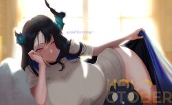  1girl asymmetrical_horns bed black_hair blanket blue_hair blush bottomless breasts broken_horn choker clothing_cutout colored_inner_hair demon_horns ellier23 feather-trimmed_jacket flower hair_ornament heart heart-shaped_eyes holoadvent holoctober hololive hololive_english horn_flower horns jailbird_(nerissa_ravencroft) large_breasts long_hair looking_at_viewer mole mole_under_eye morning multicolored_hair nerissa_ravencroft nerissa_ravencroft_(1st_costume) pillow pink_eyes red_eyes ribbed_shirt shadow_(nerissa_ravencroft) shirt shoulder_cutout smile solo tassel tassel_hair_ornament two-tone_hair under_covers uneven_horns virtual_youtuber vtuberfanart white_shirt 