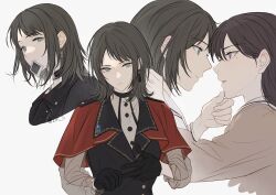  2girls bang_dream! bang_dream!_it's_mygo!!!!! black_choker black_gloves black_hair black_jacket black_vest blue_eyes brown_dress brown_hair chinese_commentary choker closed_mouth commentary_request dress earrings gloves hanasakigawa_school_uniform highres jacket jewelry long_hair medium_hair mole mole_under_eye mouth_hold multiple_girls parted_lips photo_(object) removing_glove sailor_collar sailor_dress school_uniform shiina_taki shirt sidelocks simple_background timoris_(bang_dream!) vest violet_eyes white_background white_sailor_collar white_shirt yahata_umiri yuri zih_ii 