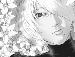  1girl 2b_(nier:automata) absurdres artist_name ayacrin black_dress black_eyes dress floral_background flower hair_over_one_eye highres looking_at_viewer mole mole_under_mouth monochrome nier:automata nier_(series) no_blindfold short_hair solo watermark white_hair 