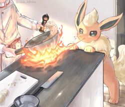  apron blush bowl breath_weapon breathing_fire bright_pupils commentary_request cooking cooking_pot cutting_board fire flareon food grey_eyes highres holding indoors knife onion pepper_shaker pokemon pokemon_(creature) suna_k0nbu twitter_username white_pupils 