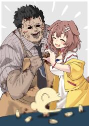  1boy 1girl animal_collar apron blood blush blush_stickers coat collar dismemberment heart heart_hands highres inugami_korone leatherface listener_(inugami_korone) nakiusagi necktie size_difference sleeves_rolled_up smile the_texas_chainsaw_massacre thumbs_up yubi_yubi_(inugami_korone) 