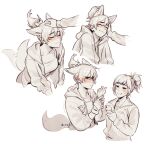  2girls animal_ears artist_name blush cellphone d.va_(overwatch) fox_ears fox_girl fox_tail headpat highres kiriko_(overwatch) maiqo mirror monochrome multiple_girls overwatch overwatch_2 phone tail tail_wagging watermark 