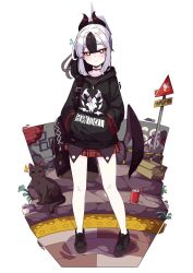  animal backpack bag black_cat black_footwear black_hair black_hoodie black_shirt blue_archive blush brick_wall cat closed_mouth collarbone commentary ear_piercing english_commentary full_body grey_wings hair_between_eyes halo hands_in_pocket highres hood hood_down hoodie horns kayoko_(blue_archive) looking_at_viewer low_wings mujib multicolored_hair notice_lines piercing plaid_clothes plaid_skirt pleated_skirt ponytail red_eyes red_skirt road_sign shirt shoes sign single_wing skirt smile standing tactile_paving two-tone_hair white_hair wings 