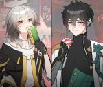  1boy 1girl 625light averting_eyes bare_shoulders black_gloves black_hair black_shirt blush closed_mouth collared_shirt dan_heng_(honkai:_star_rail) earrings eyeliner fingerless_gloves gloves grey_hair hair_between_eyes hand_up highres holding holding_ticket honkai:_star_rail honkai_(series) incoming_gift jacket jewelry long_hair looking_to_the_side makeup off-shoulder_jacket off_shoulder open_clothes open_jacket red_eyeliner shirt short_hair smile stelle_(honkai:_star_rail) tassel tassel_earrings trailblazer_(honkai:_star_rail) upper_body white_jacket white_shirt 