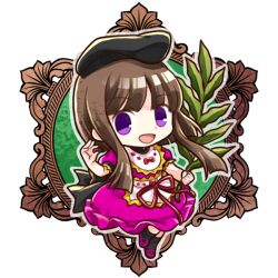  1girl :d apron black_hat black_socks blunt_bangs blunt_ends branch brown_hair chibi chibi_only commentary_request dress full_body hat holding holding_branch long_hair looking_at_viewer nishida_satono open_mouth pink_dress puffy_short_sleeves puffy_sleeves purple_footwear short_sleeves smile socha socks solo touhou transparent_background violet_eyes waist_apron white_apron 