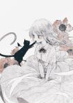  1girl animal black_cat blush bow bowtie cat collared_shirt dress floral_background flower highres long_hair monochrome mouth_hold original oseto_(oxxsexxto) painting_(medium) pale_skin shirt short_sleeves simple_background skirt solo spot_color traditional_media v_arms very_long_hair watercolor_(medium) white_background white_hair 