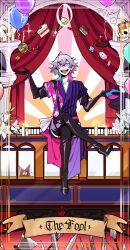  1boy :d absurdres ahoge asymmetrical_clothes asymmetrical_shirt axe balloon bird blue_eyes blue_hair boots cake cake_slice candle candy card_(medium) collarbone colored_sclera crossed_bangs crossed_legs crown cursive doughnut ear_bell elbow_gloves floating_food flying_sweatdrops food gavis_bettel gigglepox gloves goose grey_hair hat heterochromia high_heels highres holding holding_hat holding_unworn_clothes holostars holostars_english lollipop looking_at_viewer multicolored_hair nervous_sweating one-eyed open_mouth phantom_(gavis_bettel) pink_eyes pink_hair polearm red_eyes sitting skull smile spear stuffed_animal stuffed_toy sweat sword tarot tarot_(medium) teeth the_fool_(tarot) thigh_boots top_hat upper_teeth_only virtual_youtuber weapon yellow_sclera 