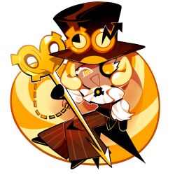  1girl arm_at_side ascot bell-bottoms black_footwear black_mittens blonde_hair brooch brown_pants chibi chibi_only coattails cookie_run dark-skinned_female dark_skin eyewear_on_headwear hand_up hat highres holding holding_polearm holding_weapon jewelry juliet_sleeves long_hair long_sleeves mittens momo525989 multicolored_hair no_nose no_sclera official_style open_mouth orange_eyes orange_hair pants polearm puffy_sleeves ringed_eyes scissors shoes simple_background solo steampunk streaked_hair tachi-e timekeeper_cookie top_hat triangle_mouth very_long_hair weapon white_ascot white_background white_eyelashes white_sleeves 